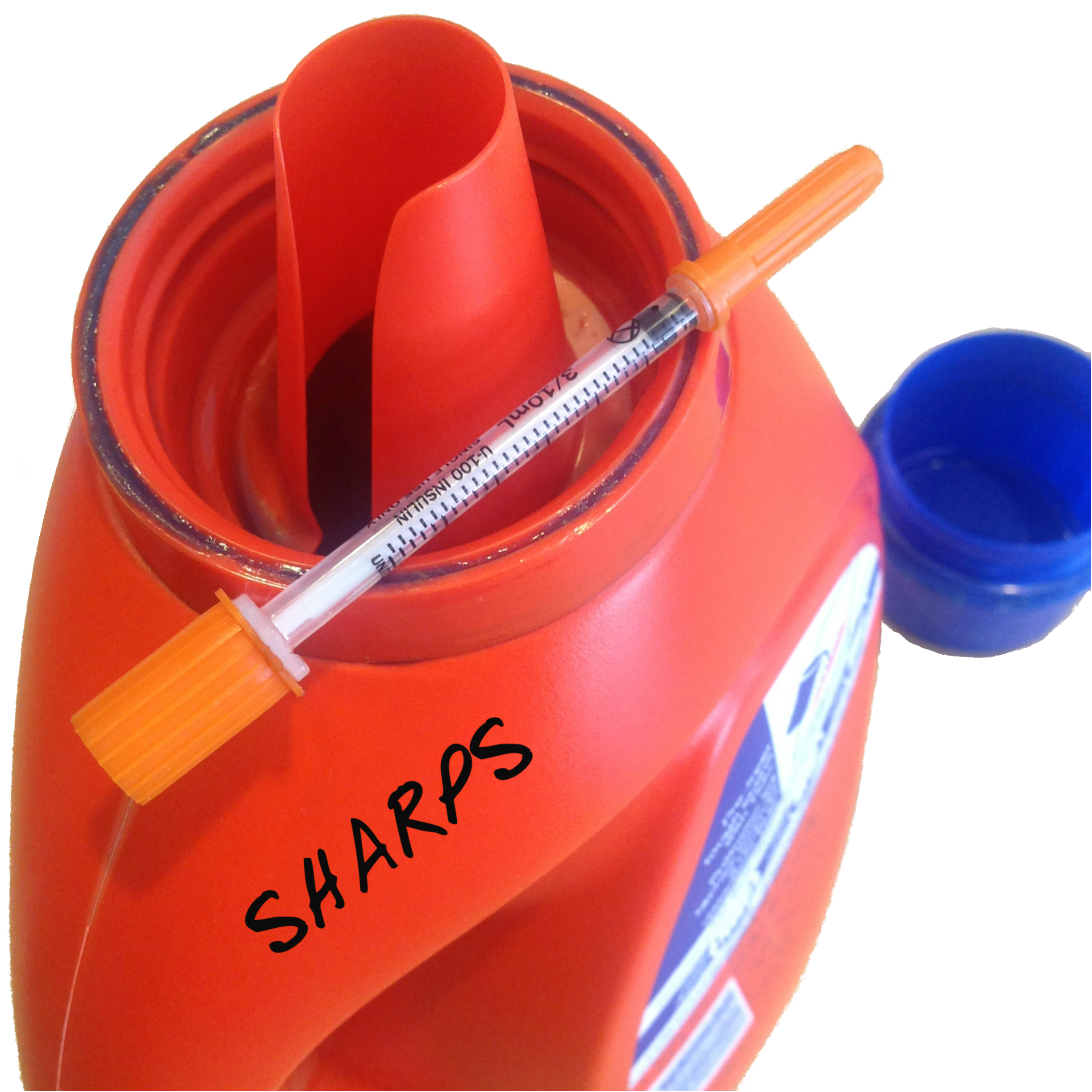 Empty detergent bottle labeled "sharps" with a needle on top