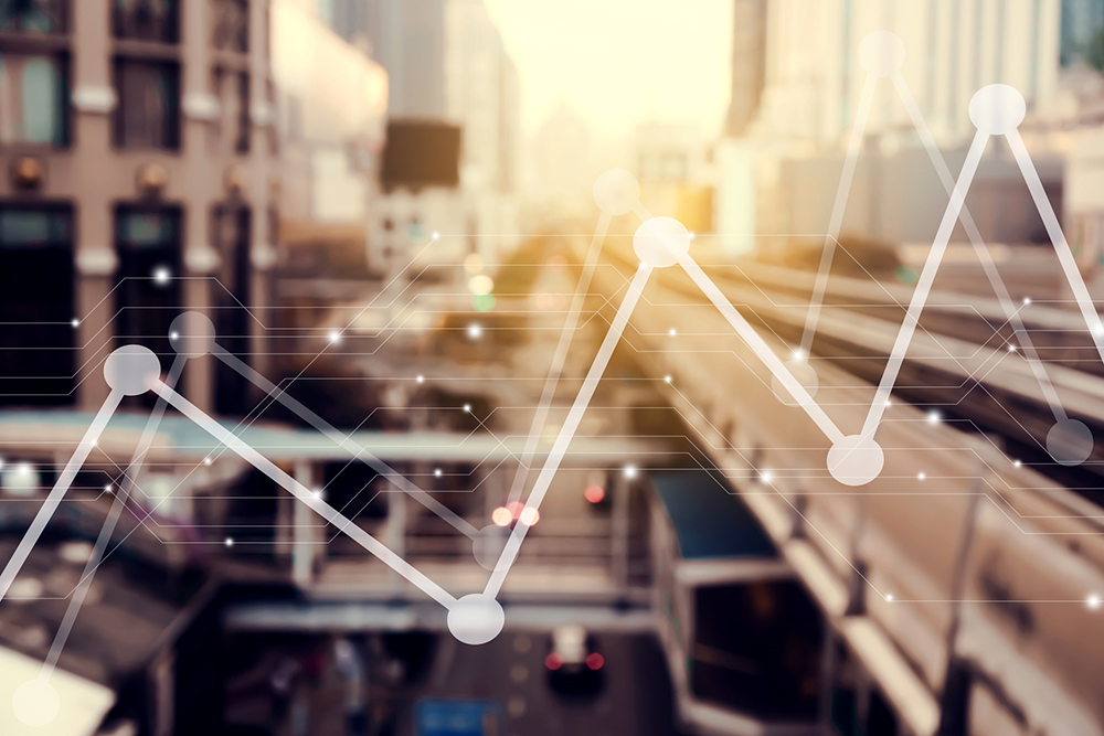 Roads and bridge with data symbols overlaid