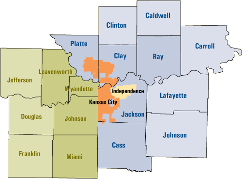 Map of the Greater Kansas City region denoting MOHAKCA affiliates