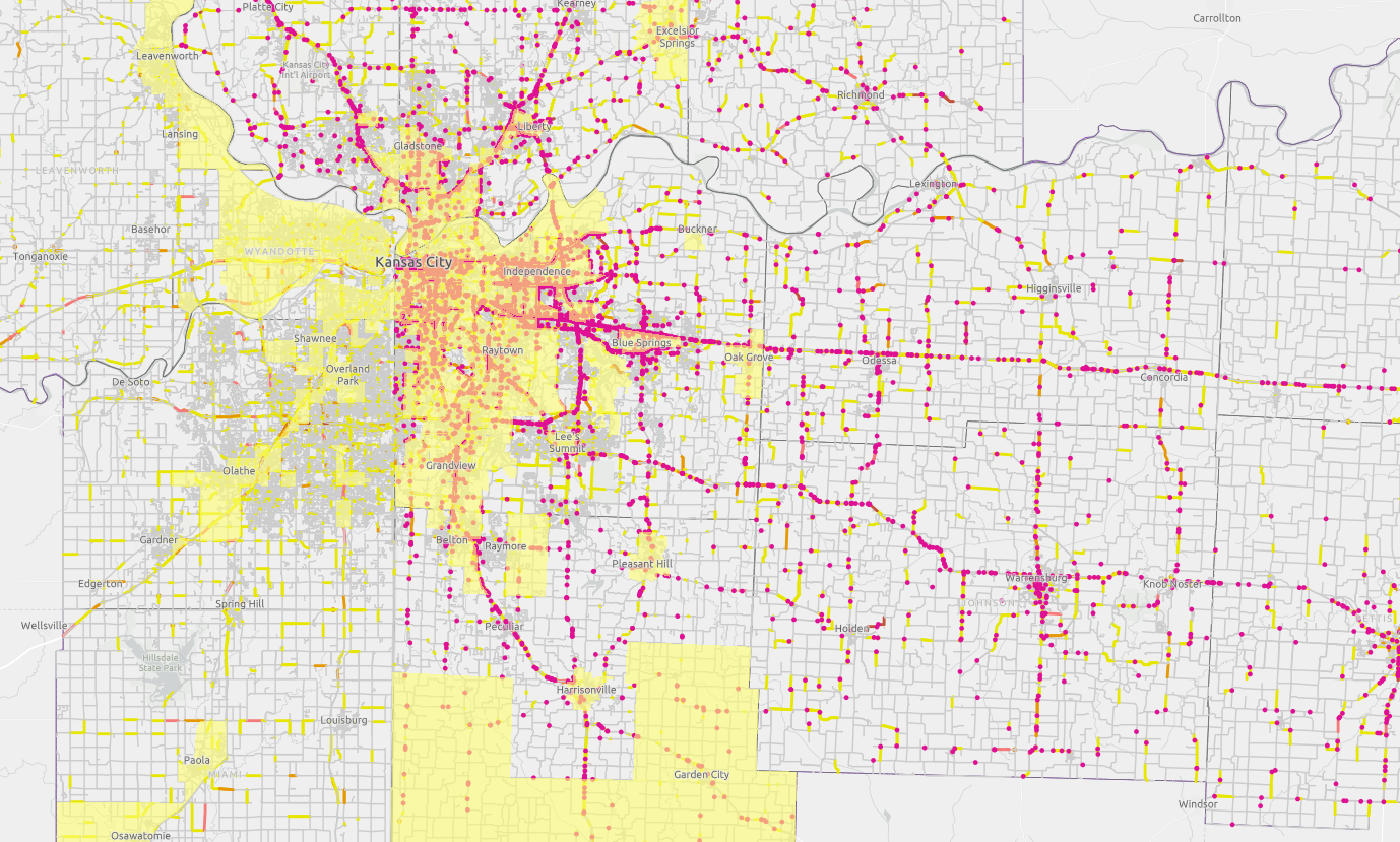 Map showing overlap of crashes and environmental justice areas