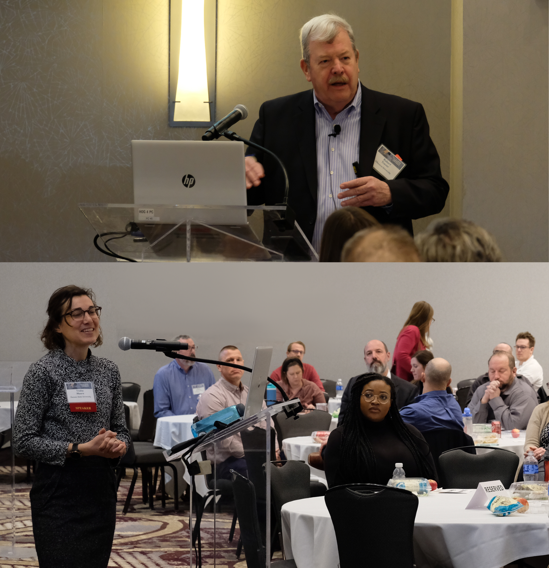 Split image of keynote speaker Dr. Robert Traver and Dr. Trisha Moore giving their respective presentations