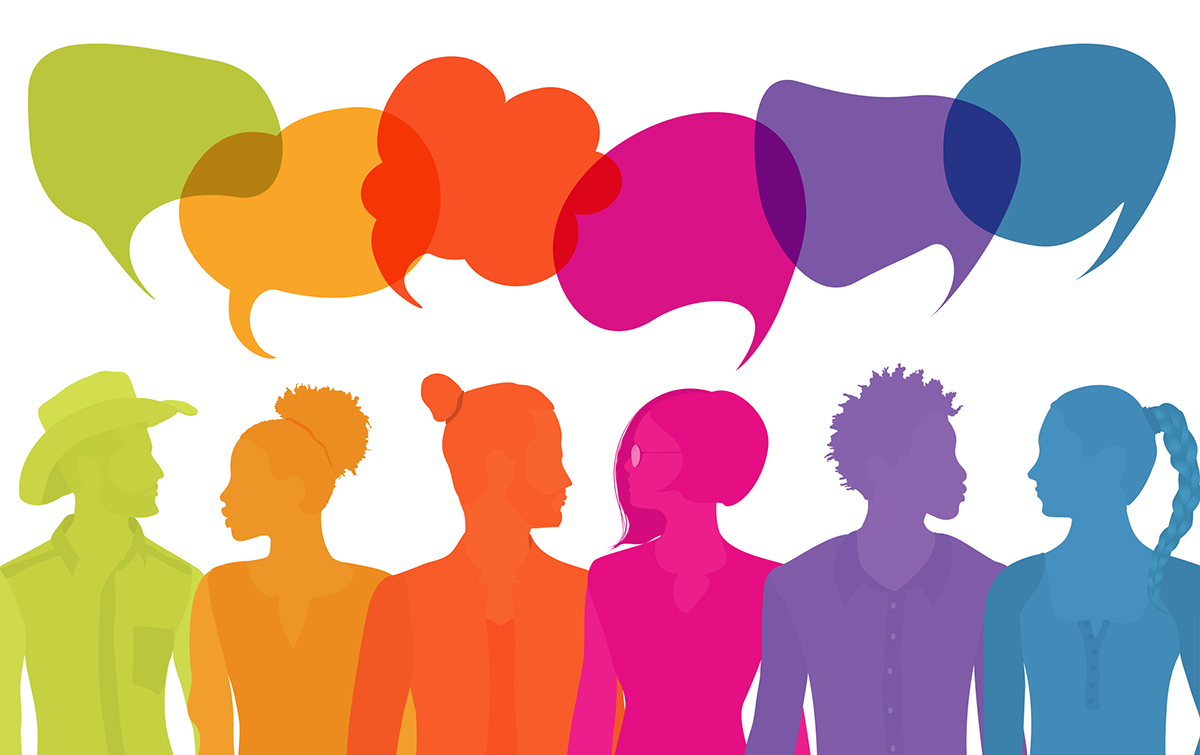 Illustration of diverse people with speech bubbles