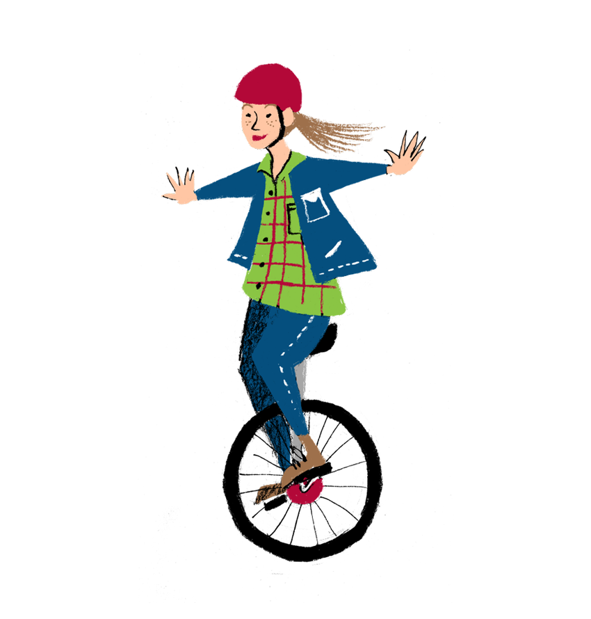 Illustration of a woman riding a unicycle