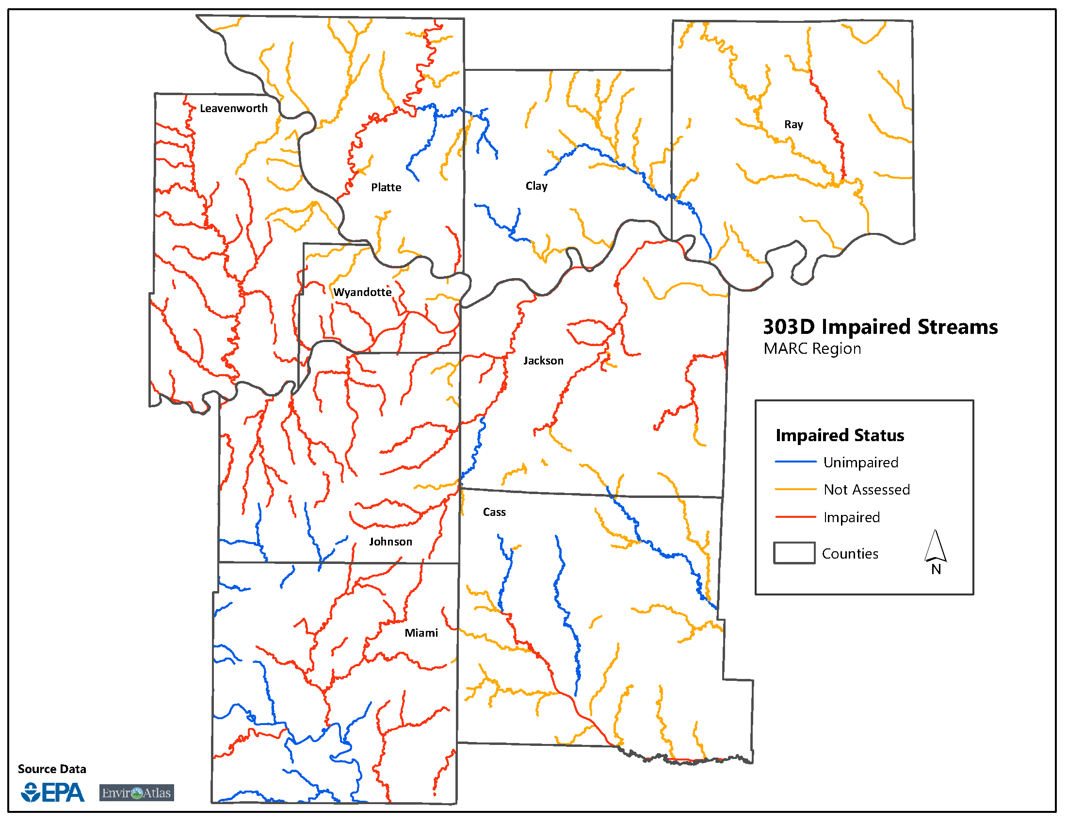 Map of the 303D Impaired Streams in the MARC Region