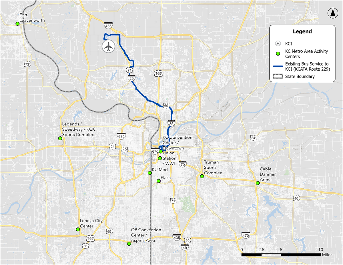 Map showing proposed transit corridor from downtown Kansas City to KCI airport