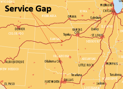 Amtrak Route Map showing the service gap between Oklahoma City, Oklahoma and Newton, Kansas 