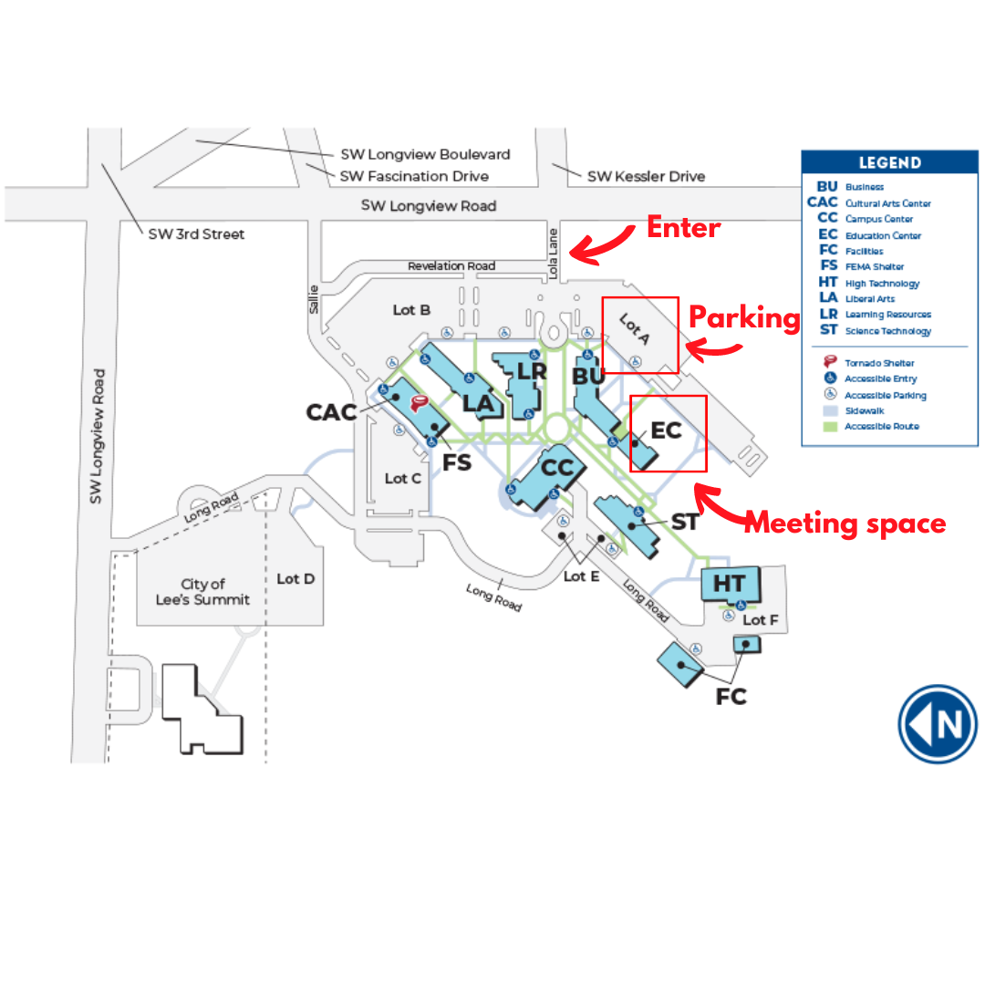 A map of the event location with the Lola Lane entrance, Lot A and Education Center highlighted