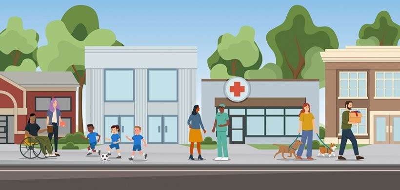 An illustration of people on a busy street