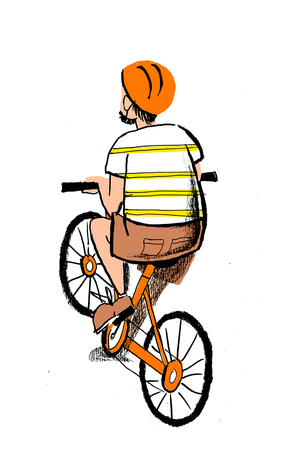 A man riding away on a bike