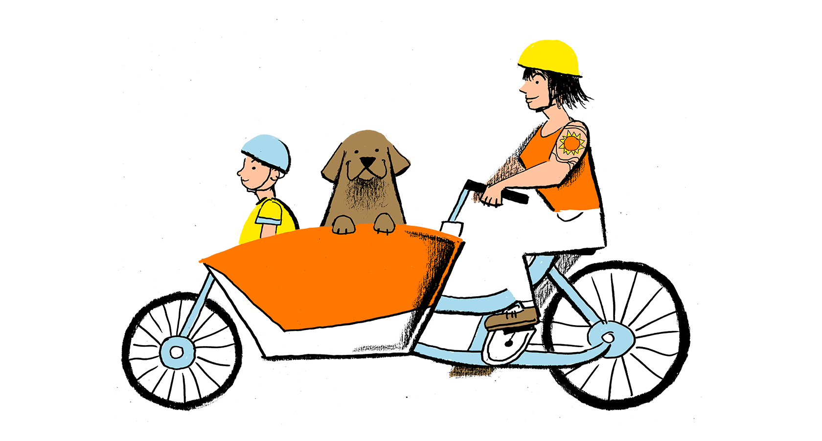 Illustration of a child and dog riding in a cargo bike pedaled by an adult.