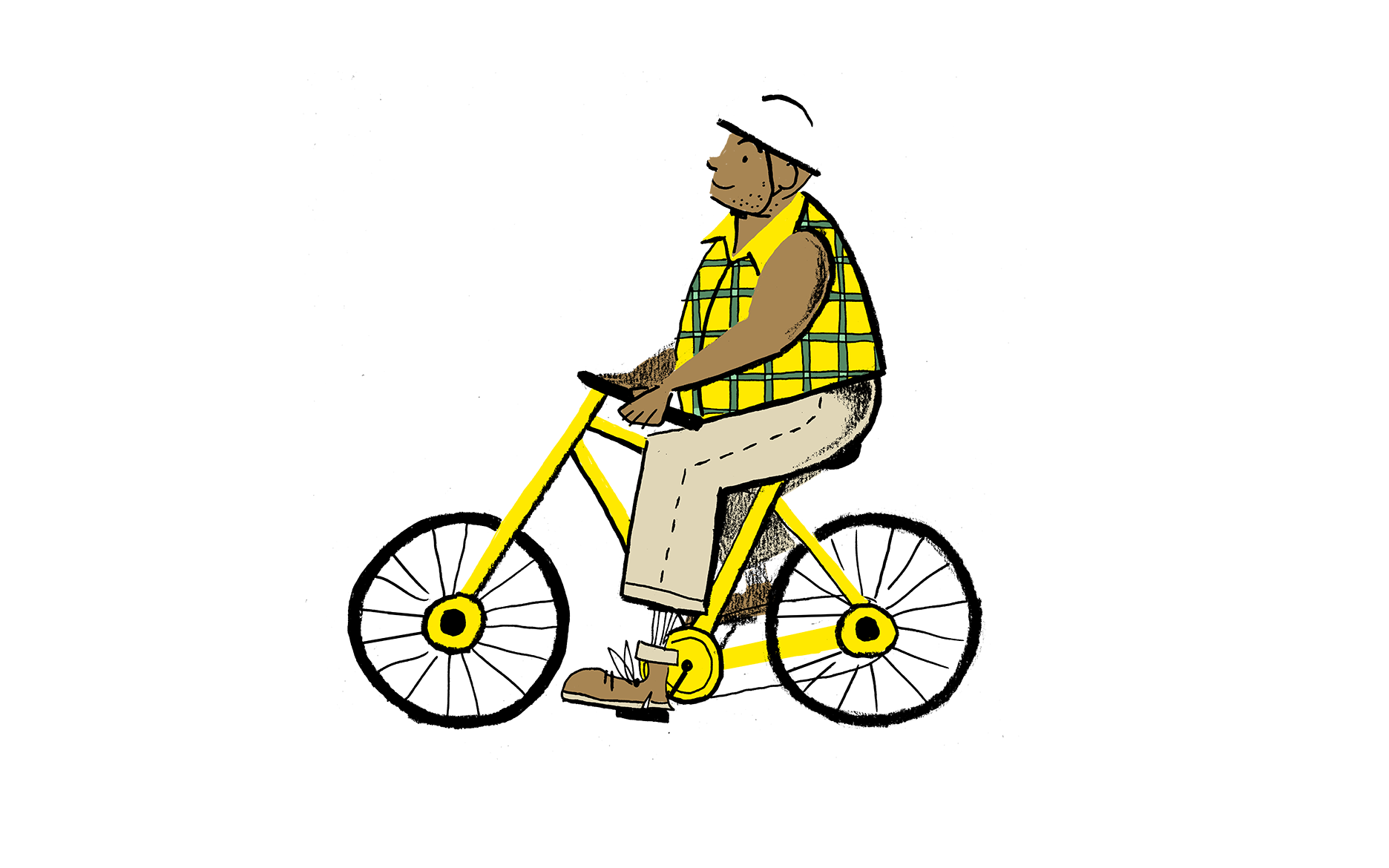 Illustration of an older man riding a bike