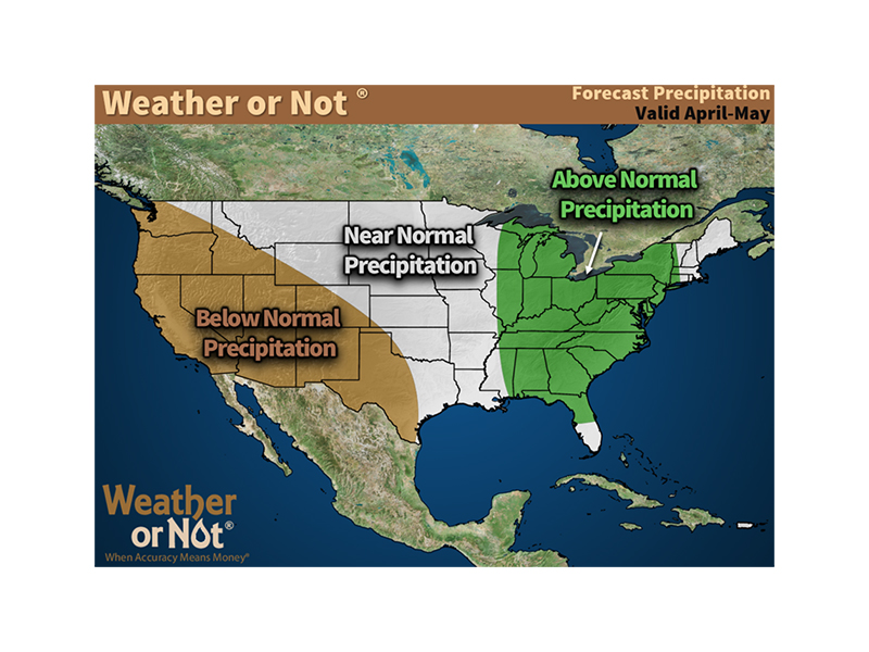 A map of the US with predictions for above normal temperatures starting around the KC region