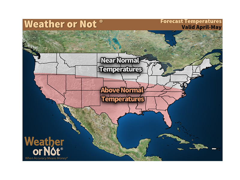 A map of the US with predictions for above normal temperatures starting around the KC region