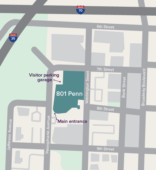 Map showing 801 Penn main entrance on Pennsylvania between 7th & 9th streets and the parking garage entrance on Pennsylvania south of 7th Streetn