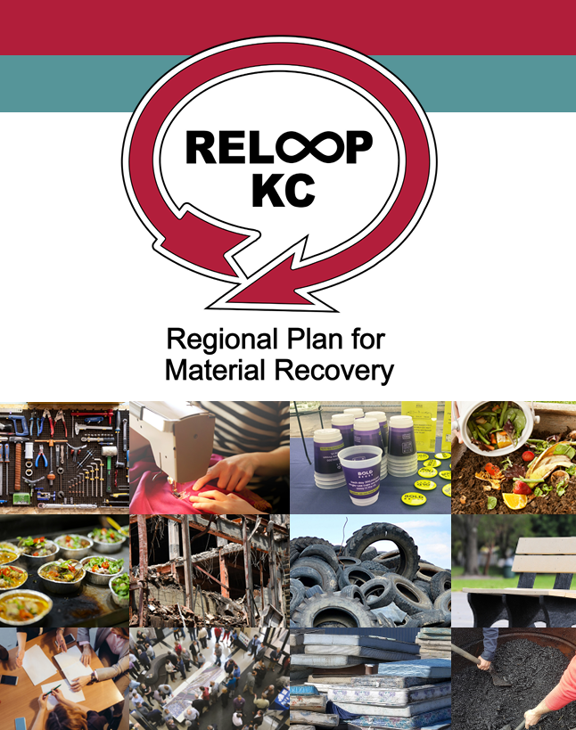 Cover thumbnail of ReLoop KC Regional Plan for Material Recovery, with various images of composting, tire scrapping, biochar, reusable cups, and small item repair