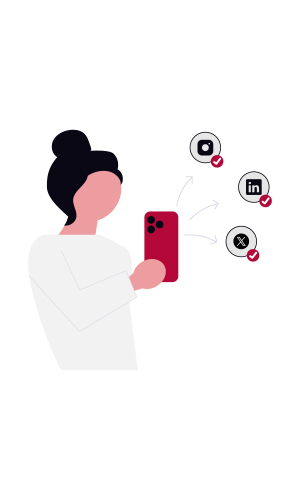 Illustration of a person looking at a phone with icons for social media platforms like LinkedIn, X and YouTube