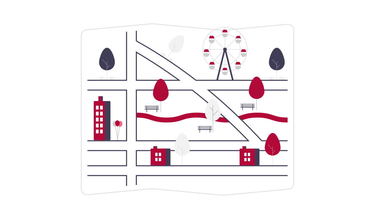 Illustration of a city with roads, a river, buildings and houses