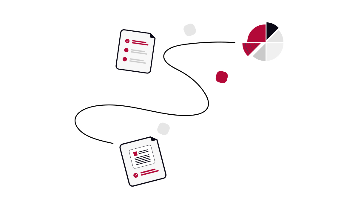Illustration of a document flowing through review and a pie chart