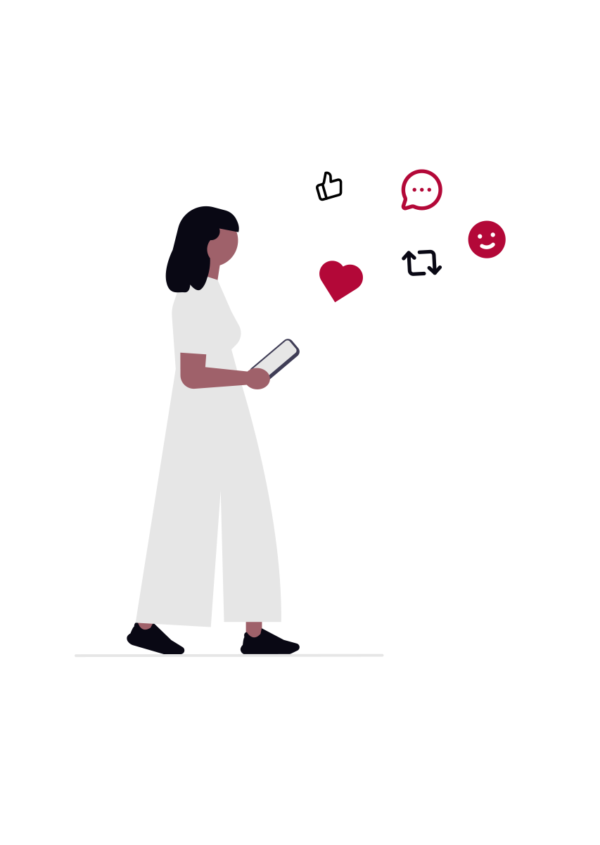 Illustration of a person on a phone with social media interaction icons