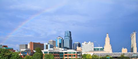 Downtown Kansas City skyline with a rainbow