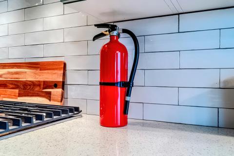 Fire extinguisher in a kitchen
