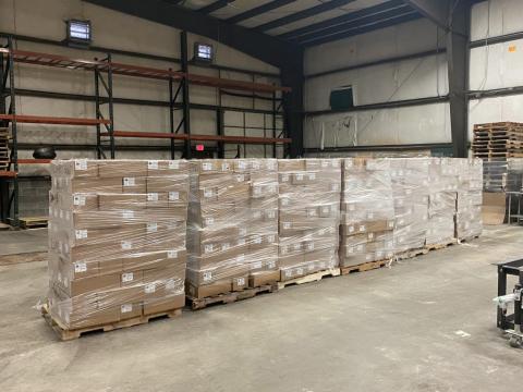 Boxes of frozen meals in a warehouse
