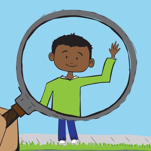 Drawing of a black child waving through a magnifying glass