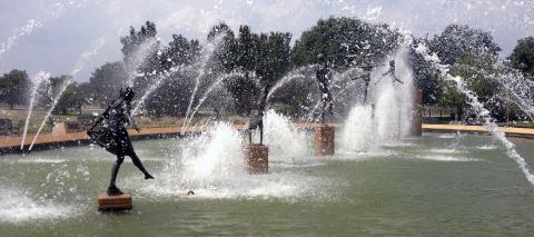 Water splashes around the Children's Fountain in North Kansas City.