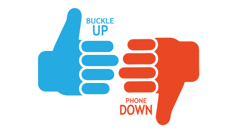 Buckle Up Phone Down logo with blue thumb up and red thumb down