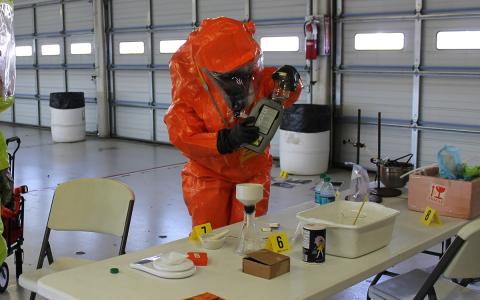 Person in protective equipment handling chemicals