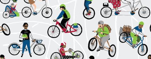 Illustrations of people riding bikes