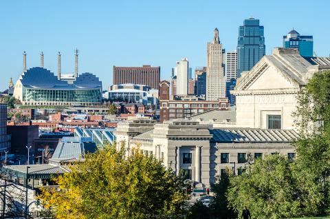 View of downtown with trees in foreground