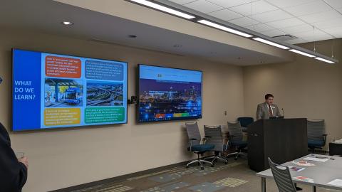 Presentation screen about the Connected KC 2050 update with the assistant director of transportation, Martin Rivarola 