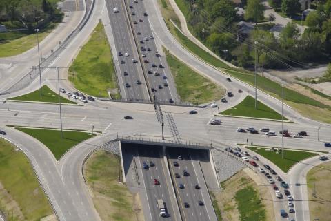 Aerial view of clover leaf road overpass in Missouri