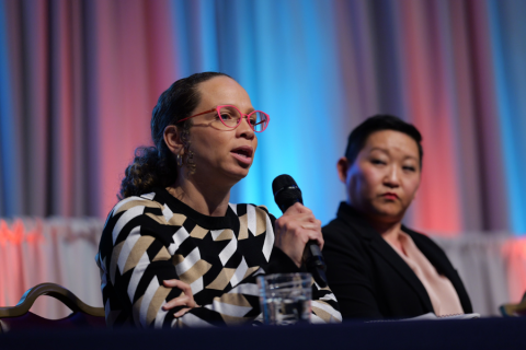 Jasmin Moore and Missouri State Representative Emily Weber on a panel about shifting environmental conversations