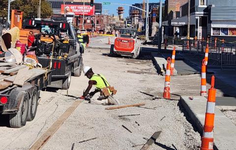 Construction site repaving and altering lanes along Southwest Boulevard
