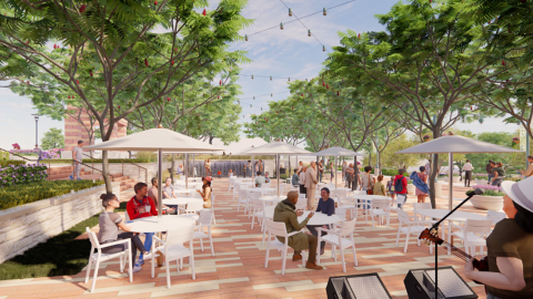 Renderings of patio tables lined up along a wide pavilion area