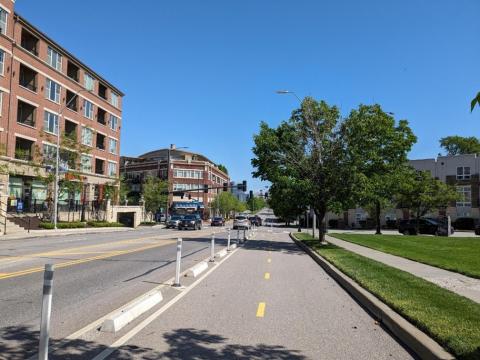 Road view from the separated bicycle lane running alongside Gillham Road in the Union Hill neighborhood
