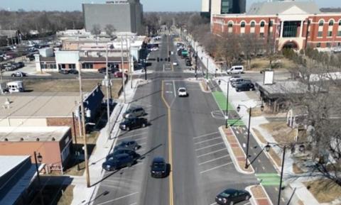 Aerial view of downtown Olathe along Kansas Avenue, with diagonal parking and bump-outs that narrow the road