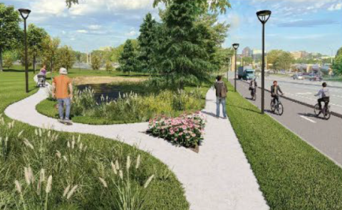 Rendering of sidewalk through path lined with native plants and trees, with a protected bike lane running parallel to it