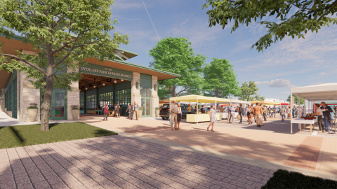Renderings of a pavilion entryway to an open air market