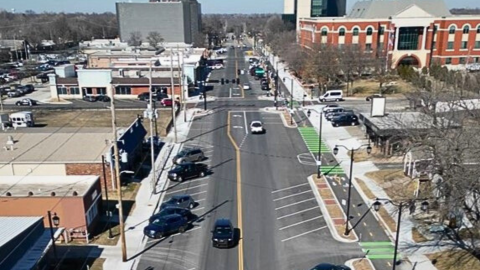 Aerial view of downtown Olathe, featuring the streetscape changes along Kansas Avenue