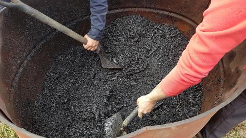 People sticking shovels in a container of biochar