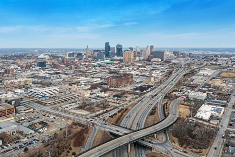 Panorama of Kansas City skyline during sunsrise