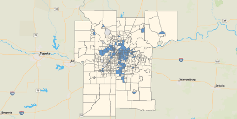 Map of the Kansas City region showing opportunity zones census tracts in blue