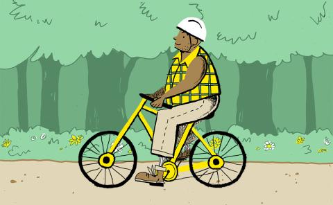 Illustration of a man riding a bike in the woods