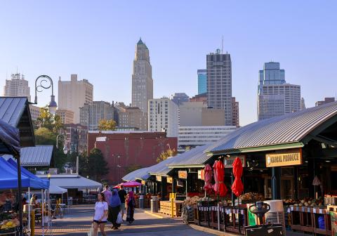 People shopping at the River Market, looking south to downtown