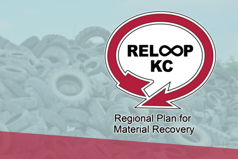 Logo for ReLoop KC material recovery plan with scrapped tires in the background