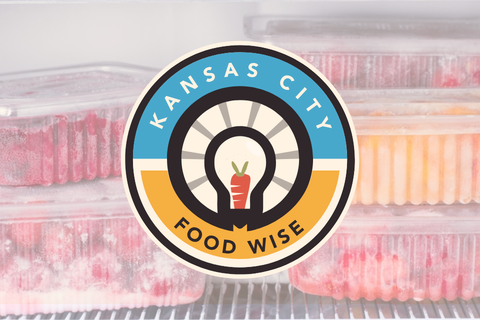 Badge logo with a lightbulb and a carrot as its central filament. Logo reads "Kansas City Food Wise" and is superimposed over a photo of cut produce portioned into refrigerator containers.