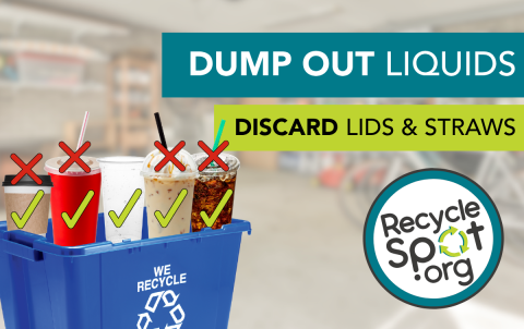 Recycling bin with five different paper and plastic to-go cups with green checks on the cups themselves, and red x's on the lids and straws. Text says "Dump out liquids." "Discard lids & straws."